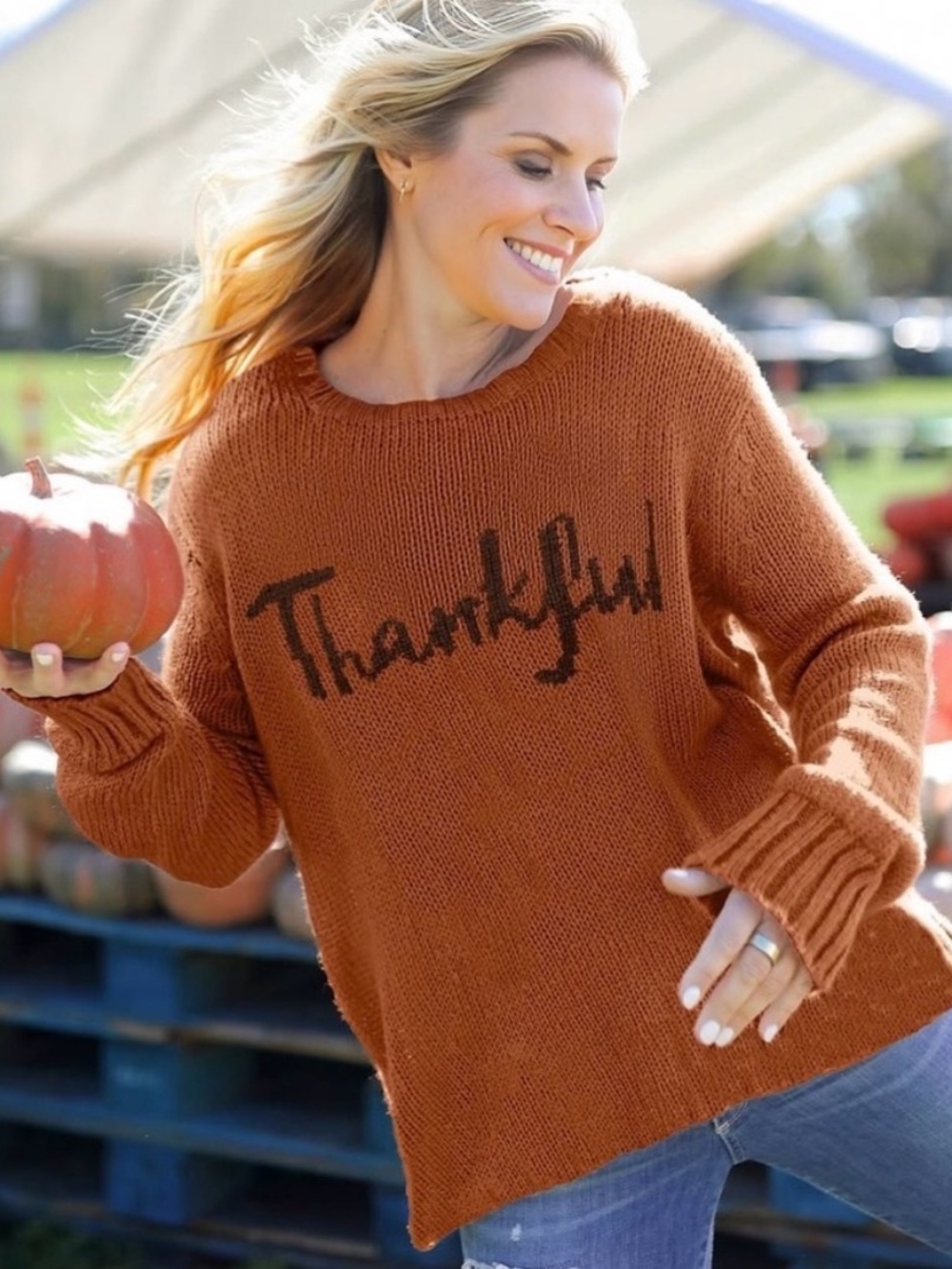 Wooden Ships Thankful Fall Knit Sweater Orange Size Small / Medium
